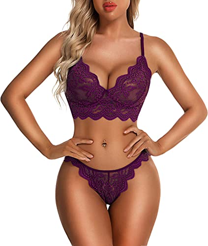 Donnalla Sexy Lingerie for Women Super Stretchy Lace Bra and Panty Set Two Piece Sheer Bralette - Small - Purple
