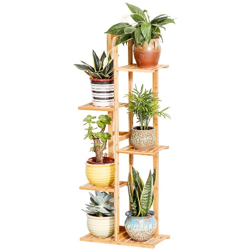 Bamboo 5 Tier 6 Potted Plant Stand Rack Multiple Flower Pot Holder Shelf Indoor Outdoor Planter Display Shelving Unit for Patio Garden Corner Balcony Living Room - 5 TIER