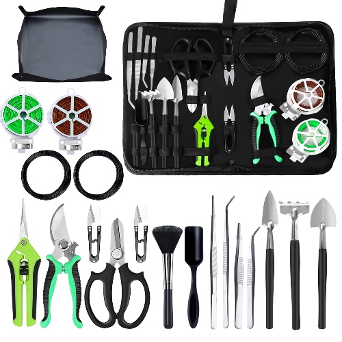 Bonsai Tree Kit, 20 Pcs Gardening Succulent Tools Set, Bonsai Tool Kit Include 262 Feet Bonsai Wire, 29.5"x29.5" Plant Repotting Mat, Bonsai Scissors, Pruning Shears, Unique Gift for Indoor Gardening - Green