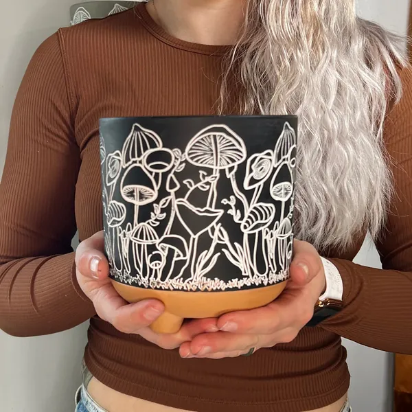 Terracotta Clay Pot -Minimalist Mushroom Etch Design -Perfect for Houseplants- Modern Clay Planter - FREE Mothers' Day Card Add- On Option