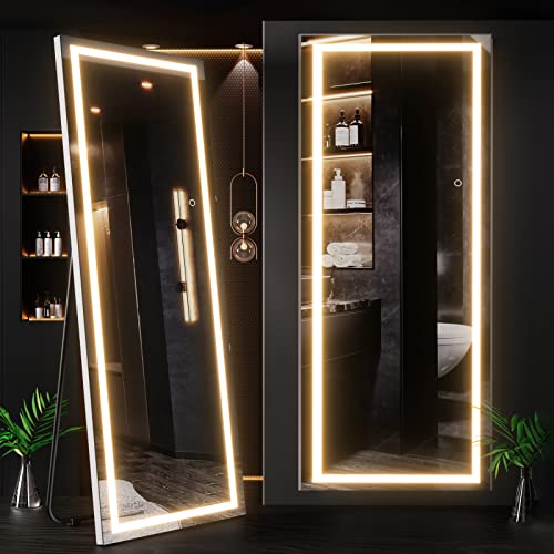 COOL2DAY Full Length Dressing LED Mirror Large Rectangle Dimmable Floor Mirror Wall Mirror,Waterproof Mirror for Bedroom Bathroom and Living Room (65"x 22")