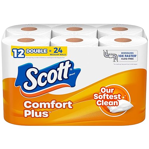 Scott ComfortPlus Toilet Paper, 12 Double Rolls, 231 Sheets per Roll, Septic-Safe, 1-Ply Toilet Tissue - 231 Sheets (Pack of 12) - Double Roll