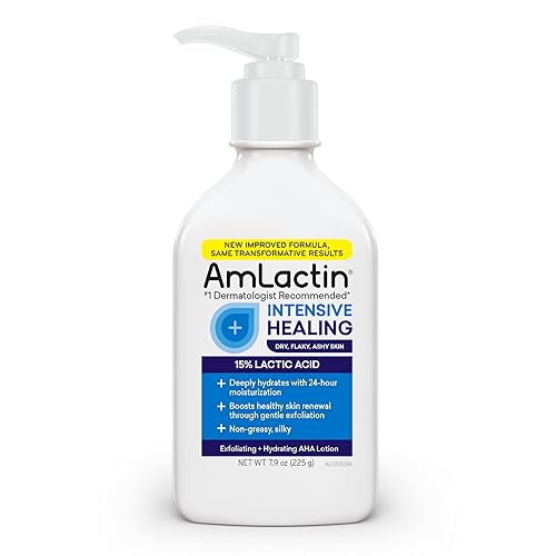 AmLactin Intensive Healing Body Lotion for Dry Skin, 7.9 oz Pump Bottle, 2-in-1 Exfoliator and Moisturizer with Ceramides and 15% Lactic Acid for 24-Hour Relief from Dry Skin (Packaging May Vary) - 7.9 Fl Oz (Pack of 1) - Lotion