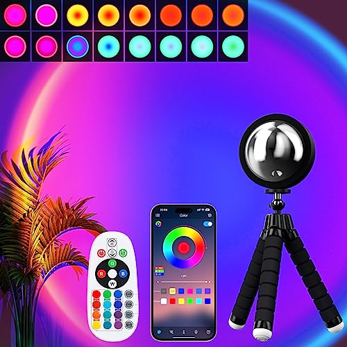 Sunset Lamp Projection Led Lights with Remote & APP, 16 Colors Night Light 360° Rotation Rainbow Lights 4 Modes Setting for Photography/Selfie/ Party/Home/Living Room/Bedroom Decor, Gifts for Women. - Remote & APP