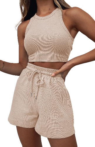 Lingswallow 2 Piece Women Lounge Sets - Sleeveless Crop Top and Shorts Waffle Lounge Set Tracksuits Sweatsuits for Women - Small Beige