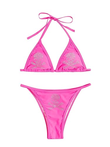 Women's Triangle Thong Sexy 2 Piece Bikini Swimsuit - Medium - Hot Pink