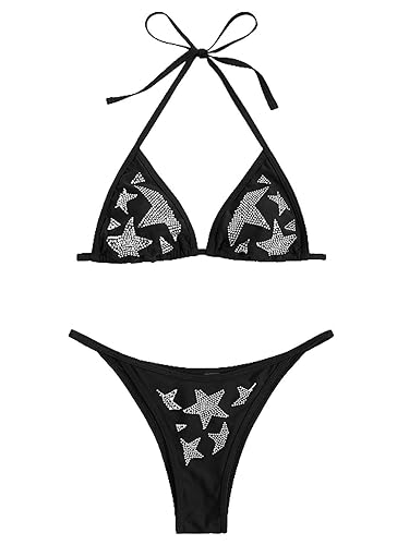 Women's Star Triangle Thong Sexy 2 Piece Bikini Swimsuit - Medium - Star Pattern Black