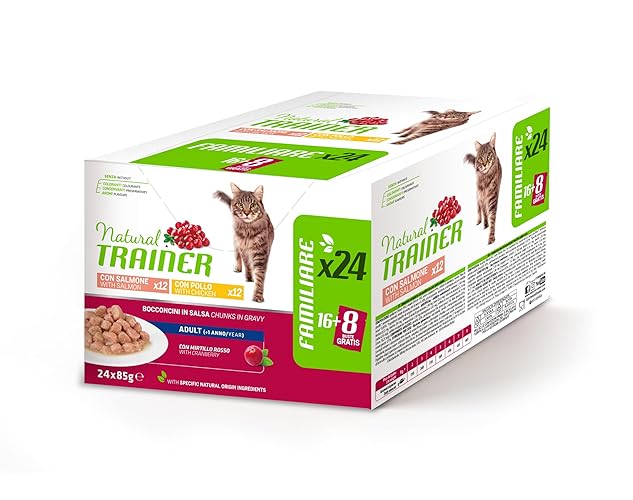 Natural Trainer Cibo Umido per Gatti Adulti - Multipack Pollo & Salmone - 24 x 85 g - Pollo e Salmone - 2.04 kg (Confezione da 1)