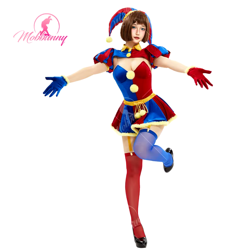 MOBBUNNY Halloween Clown Costume Cosplay Set di biancheria intima da donna blu rosso body e minigonna con guanti e cappello - AliExpress 200000532