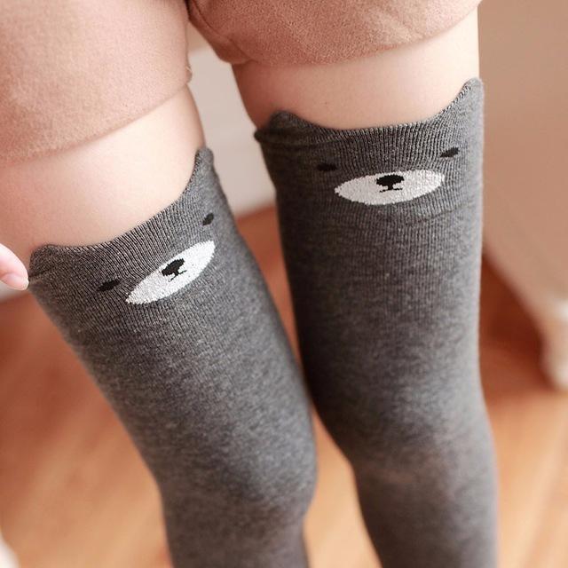 Cotton Animal Thigh Highs - Grey Bear