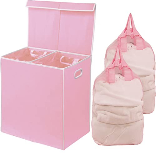 SimpleHouseware Double Laundry Hamper with Lid and Removable Laundry Bags, Pink - Pink