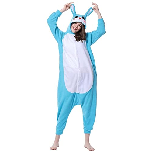 Fitted Unisex Adult Animal Onesie Pajamas Halloween Sherpa Women's Cosplay Animal One Piece Pajamas Party Costume - Blue Bunny - XL fits for 5'11"-6'2"