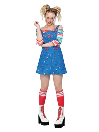 Smiffys Chucky Costume for Adults, Pinafore Mini Dress and Top, Officially Licensed, Off-the-Shoulder Striped Top, Ideal for Halloween and Matching Family or Pet Fancy Dress - M - UK Size 12-14