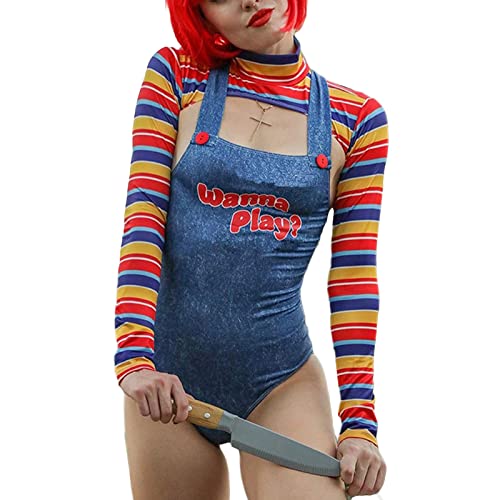 Qtinghua Halloween Costumes for Women Scary Nightmare Killer Doll Wanna Play Movie Character Bodysuit Chucky Doll Cosplay Costume Set - Blue B - L