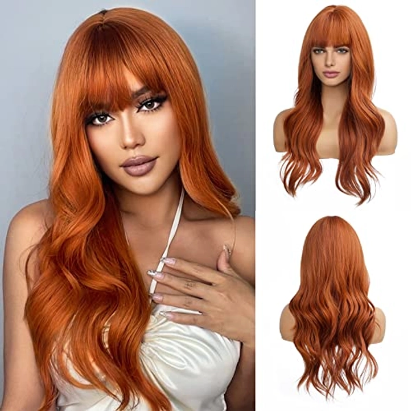 HAIRCUBE Long Orange Wigs for Women, Natural Wavy wig with Bangs Heat Resistant Fiber Synthetic Wigs for Daily Party