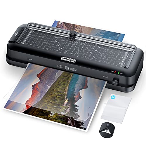 SINOPUREN Laminator Machine, 9-Inch Thermal Laminator, Personal 3-in-1 Desktop Laminating Machine Built-in Paper Trimmer Punch and Corner Rounder with 10 Pouches Sheets for Home Office School - Black - Multifunction