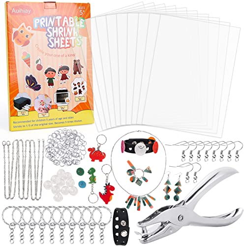 Auihiay 144 PCS Printable Shrinky Dink Sheets Kit Include 10 Sheets Shrink Films Papers for Inkjet Printer (8.3 x 11.6 inch), 134 DIY Accessories, Creative Crafts for Kids All Ages