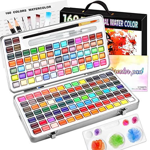 Gunsamg Watercolor Paint Set,160 Professional Watercolor Paints in Portable Box,Travel Water colors Set for Adults,Art Paint Set Art Supplies for Artists - 160 Colors