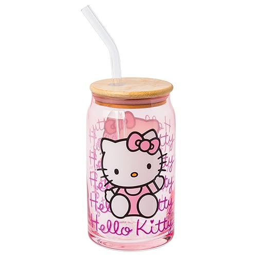 Silver Buffalo Sanrio Hello Kitty Waving Pink Glass Jar Tumbler with Bamboo Lid and Glass Straw, 16 Ounces - Hello Kitty Waving