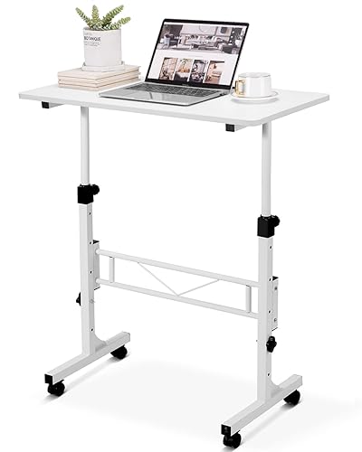 KLSMYHOKI Small Standing Desk Adjustable Height, Mobile Sit Stand up Desk Portable Rolling Desk with Wheels Standing Desk for Walking pad Treadmill White - Bright White