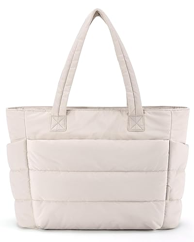 BAGSMART Tote Bag for Women, Lightweight Puffy Tote Bag with Compartments, Quilted Shoulder Bag Handbag for Travel, Work - Beige