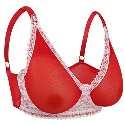 Vollence See Through Mastectomy Bra Silicone Breast Forms Pocket Bra Fake Prosthesis Crossdresser - Red - 40/90 for Cup D/DD