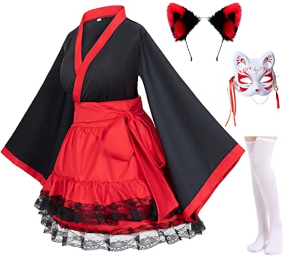 Elibelle Japanese Anime red and Black Kimono Fox Cosplay Costume Furry Fox Ear with Socks - 3X-Large - Red Black with Furryear