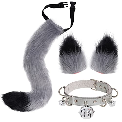 Faux Fur Cat Ears Tail Hair Clip Wolf Fox Neck Chocker Cosplay Halloween Party Costume Neck Chocker Cosplay - Gray&Black