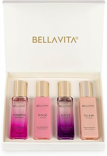 BellaVita Luxury Perfumes for Women Set (4x20ml) | Women Perfume with DATE, SENORITA, GLAM & ROSE | Vanilla Perfume with Floral Sweet & Musk | Arabian Perfume for Women | Cologne & Perfume Gift Set