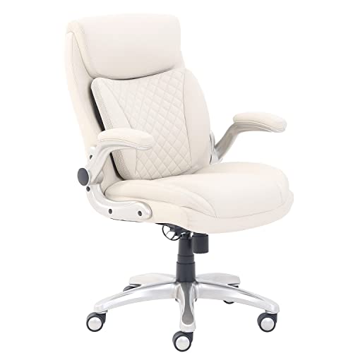 Amazon Basics Ergonomic Executive Office Desk Chair with Flip-up Armrests and Adjustable Height, Tilt and Lumbar Support, Cream Bonded Leather, 29.5"D x 28"W x 43"H (Previously AmazonCommercial brand) - Cream