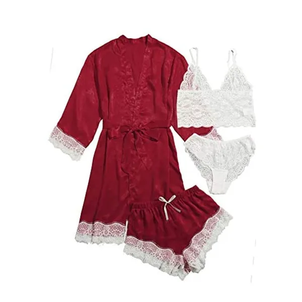 
                            WDIRARA Women's 4 Pieces Satin Floral Lace Cami Top Lingerie Pajama Set with Robe
                        