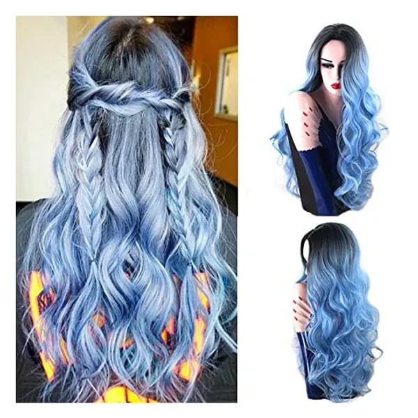 
                            Royalvirgin Nature Color Dark Root Ombre Pastel Blue Heat Resistant Fiber Hair Long Nature Wave Light Blue Synthetic Full Wigs
                        