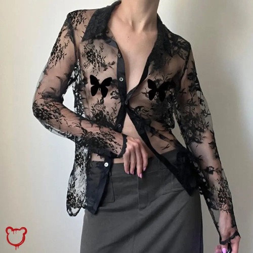 Mesh Butterfly Blouse Top - Black / L