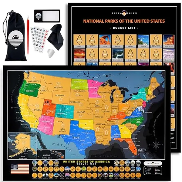 TRIPA TRIPS Scratch off Map of United States & All 63 USA National Parks Poster - Easy-to-Scratch 50 Landmarks & Flags - 24x17 Large Scratch off US Map + Travel Map Kit - Deluxe Gift for Travelers - BLACK