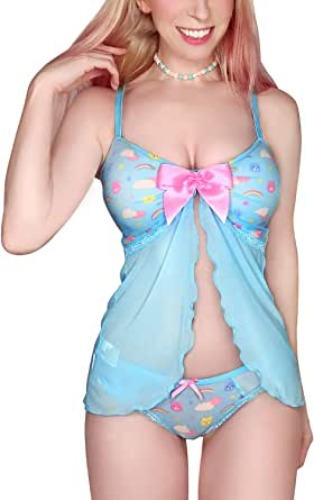 Littleforbig Women Nightwear Lace Babydoll Strap Chemise Halter Lingerie V Neck Sleepwear - Usagi Moon Teddy Friends - Blue X-Large