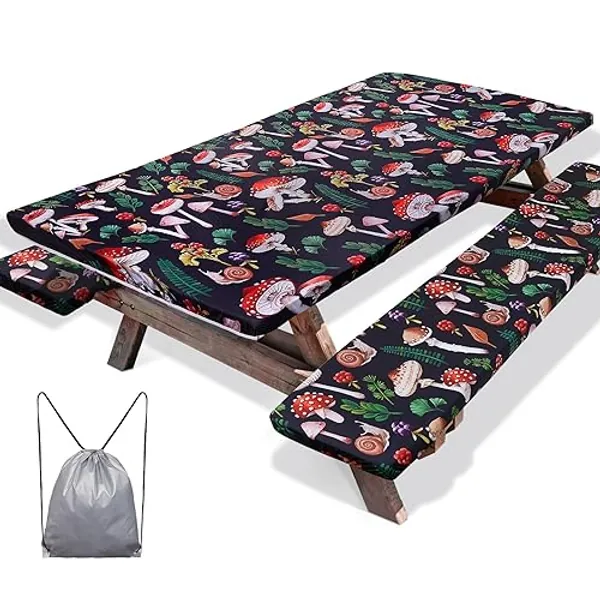 MHJY Picnic Table Cover with Bench Covers 3 Pcs Windproof Waterproof Camping Tablecloth with Drawstring Bag, Camping Essentials Table Cloth Fitted 6 Foot Rectangle Tables,72in,Black - Black - 72x30 In