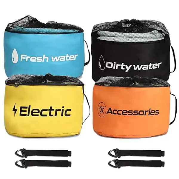 Gociean RV Hose Storage of 4 Pack, RV Accessories Storage Bag with 4 Storage Straps for Sewer Hoses/Fresh Water Hoses/Electrical Cords/Camper Tools Accessories - Basic Version - Drawstring Style