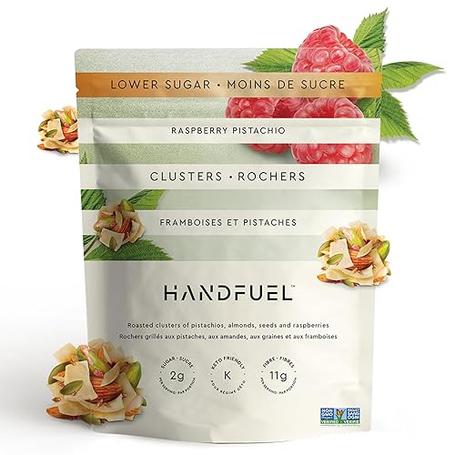 Handfuel Raspberry Pistachio Clusters, Hand Roasted Salted Pistachios, Salted Almonds, 4g of Protein, Keto Friendly Snacks, Proudly Canadian Mad Plant Based, Gluten Free - 120 Grams - 120g - Rasberry Pistachio Clusters