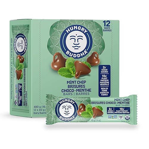 Hungry Buddha Bars - Plant Based Protein Bars - Vegan Nutrition Bars - Low Sugar Healthy Snacks - Gluten Free Snack Bars - Peanut Free - Protein Bar - Keto Bar - 12 Count [Mint Chip] - Mint Chip