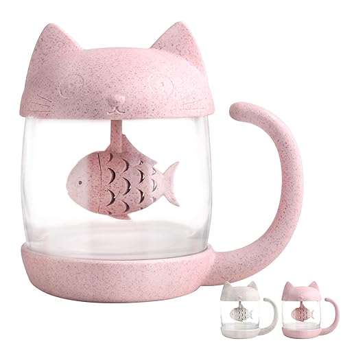 BigNoseDeer Cat Tea Cup Cute Tea Mug Glass Tea Pot with Fish Tea Infuser for Loose Leaf Tea (Pink 8oz) - Pink