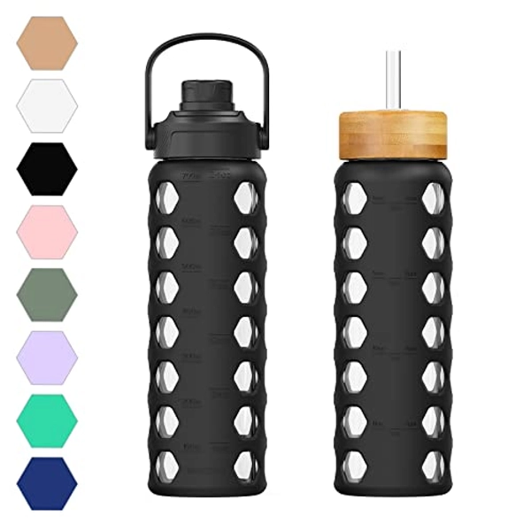 32oz Glass Water Bottles with 2 Lids-Handle Spout Lid&Bamboo Straw Lid, Motivational Water Tumbler