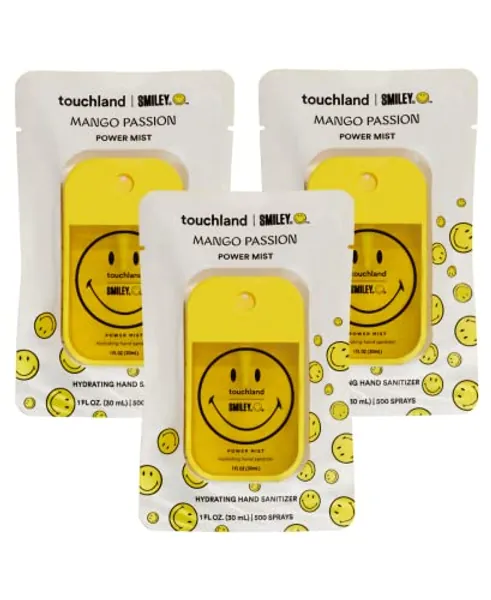 Touchland x Smiley® Hydrating Hand Sanitizer Spray, 3 x Limited Edition Mango Passion Scented Mists, 500-Sprays each, 1FL OZ (Set of 3)