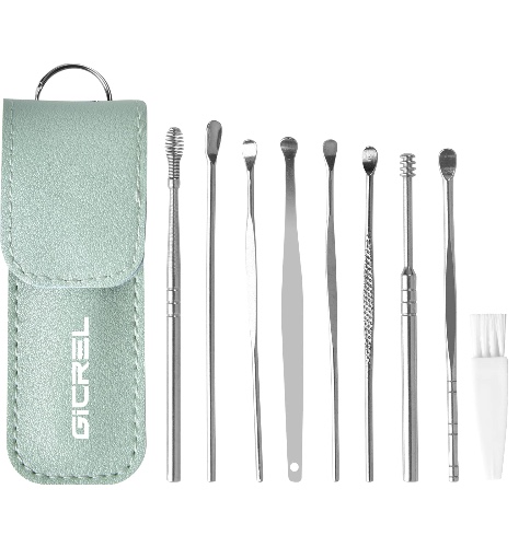 Ohrenreiniger, Ohrenschmalz Entferner 9 in1 Medizinischer Ohrreiniger aus Edelstahl mit Aufbewahrungskiste Ear Cleaner, Geeignet für Kinder Jugendliche und Erwachsene (Grün) - Grün