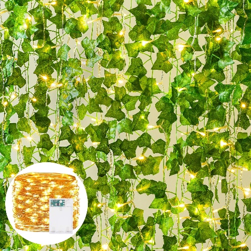 YQing 12 Stück Künstliche Efeu Girlande, Künstliches Hängend Efeu mit 90 LED-Licht, für Zuhause, Küche, Garten, Büro, Hochzeit, Dekoration