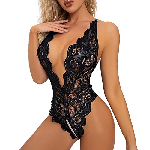 KOEMCY Sexy Body Dessous Damen Babydoll Body Damen Sexy Spitze Unterwäsche Teddy Bodysuit Tiefer V-Ausschnitt Reizwäsche One Piece Erotische Lingerie Negligee - Schwarz - M
