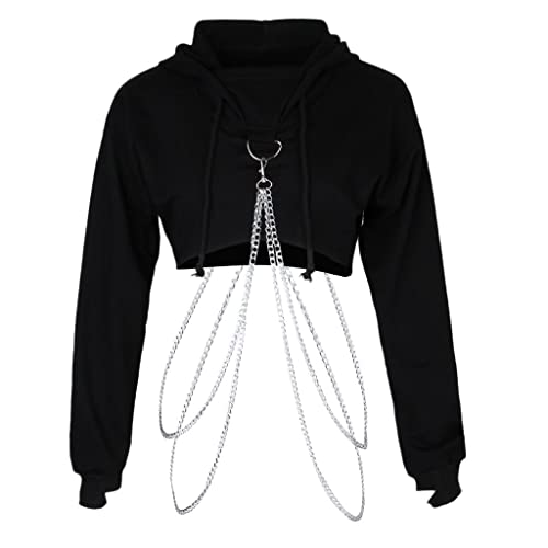 sharprepublic Damen Kapuzen Pullover Sweatshirt Hoodie Crop Top Strickjacke Sweater Hooded mit Metall Kette, Kapuzenpullover Kurz Bauchfrei - Schwarz, M