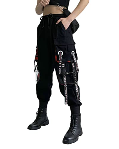 ORANDESIGNE Damen Cargo Hose Freizeithosen Arbeit Kampf Hosen Hip Hop Jogger Hosen Baggy Streetwear Punk Hose mit Mehrere Taschen - M - A Schwarz