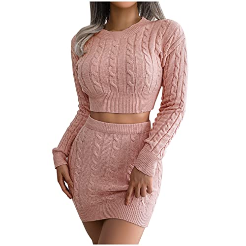 OPHPY Wedding Guest Two Piece Outfits for Women Sexy Cable Knit Cropped Sweater with Tight Mini Skirt Lady Elegant Party Set - Medium - A1_pink