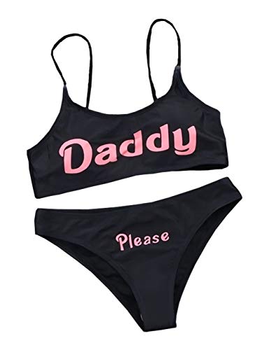 Oludkeph Women Anime Sexy Lingerie Sets Yes Daddy Printed Underwear Mini Bra Crop Tops with Bikini Briefs Sleepwear - Black - Medium = Tag L