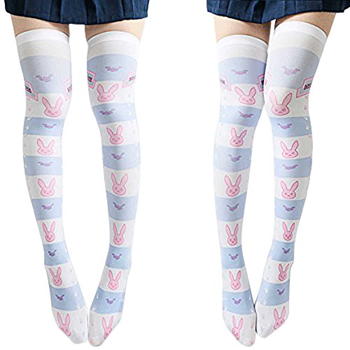 SzBlaZe Women's Cute Kawaii Thin Anime Print Over the Knee Socks Stockings (Pack of 1 Pair) - D.va Print 2